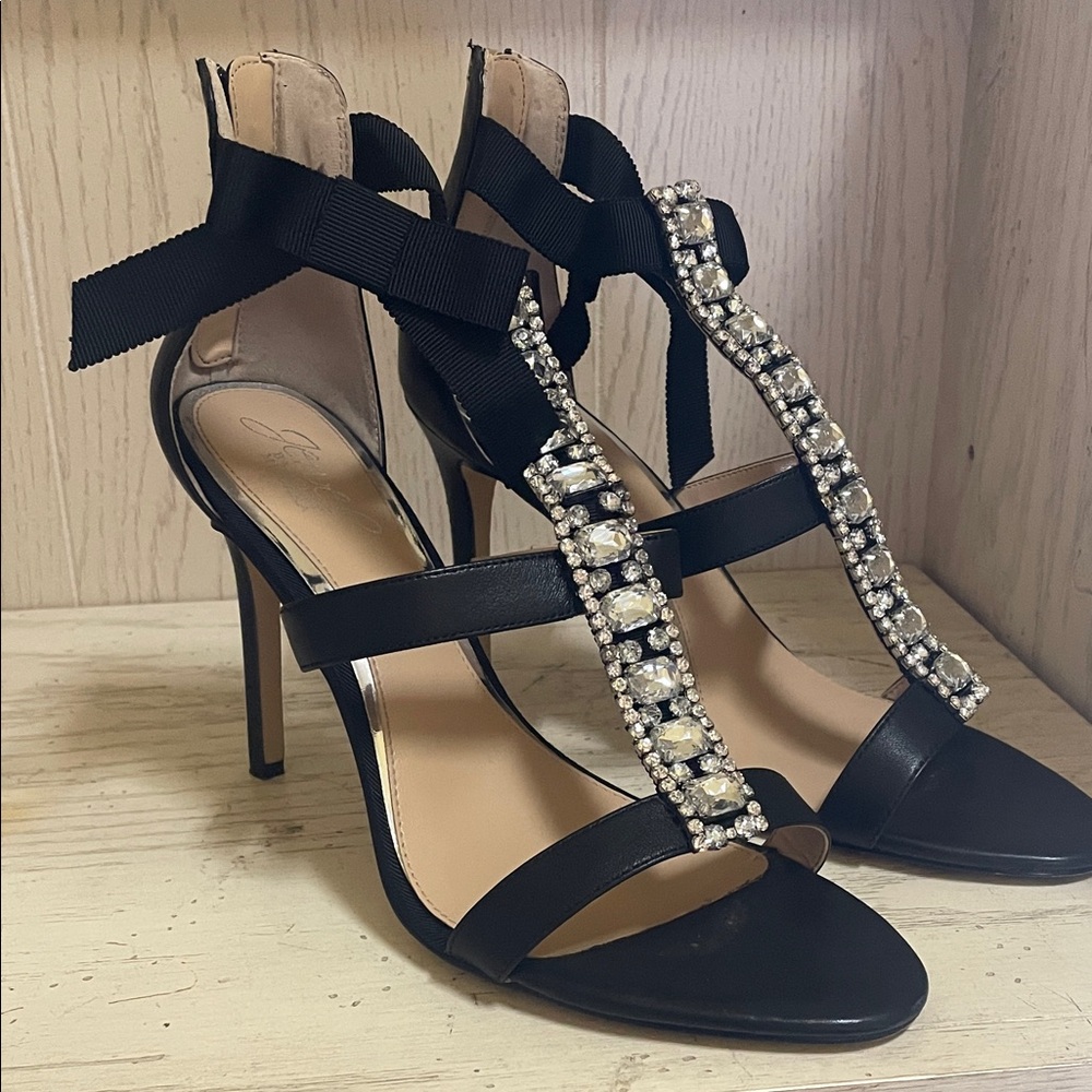 Jewel Badgley Mischka Henderson Black Leather Crystal Heels 9.5 EDGY LUXURY